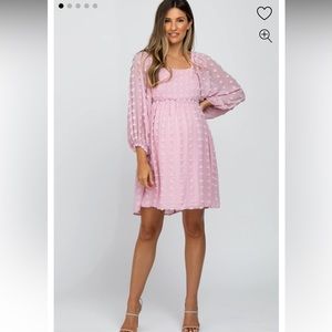 Pinkblush Pink Textured Dot Smocked Square Neck Chiffon Maternity Dress